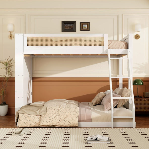 English Elm Twin Over Full Bunk Bed with Cane Guardrail Led Lighting and Built-in Bookshelf White LT000351AAK