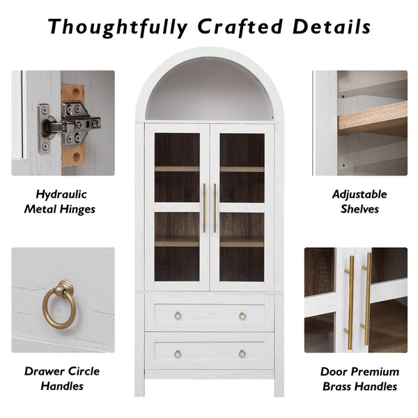 English Elm K&K 71" Arched Kitchen Pantry Cabinet with Glass Doors, Adjustable Shelves, Soft-Close Drawers White N707P288972W