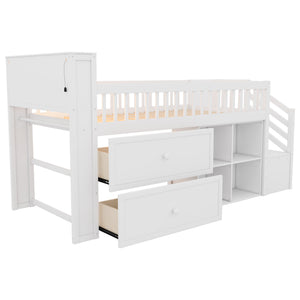 English Elm Twin Loft Bed with Built-In Stairs, Shelves, Hanging Rod & 2 Drawers for Space-Saving Kids Room White 45.87 L x 18.5 W x 10.83 H W2593S00004