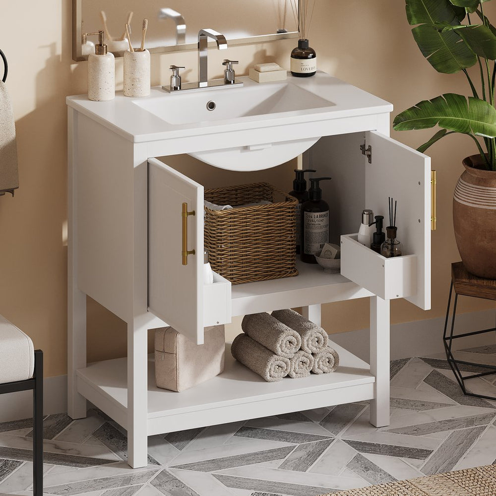 English Elm 30-Inch White Bathroom Vanity With Ceramic Sink - Stylish Storage Solution For Small Spaces! WF325888AAK