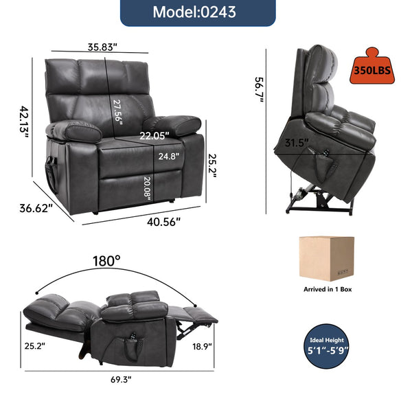 English Elm Dark Grey Leatheraire Power Lift Recliner Dual Motor Massage Heat Heavy Duty W1803P340317