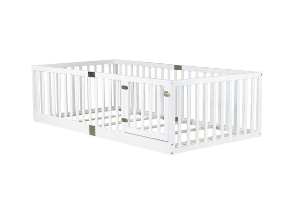 English Elm Twin Floor Bed Solid Rubber Wood with Tall Safety Railings for Toddler Sleep White W504P287652