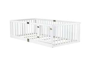 English Elm Twin House Frame Floor Bed Rubberwood with Roof Canopy and Safety Rails for Kids White W504P429538
