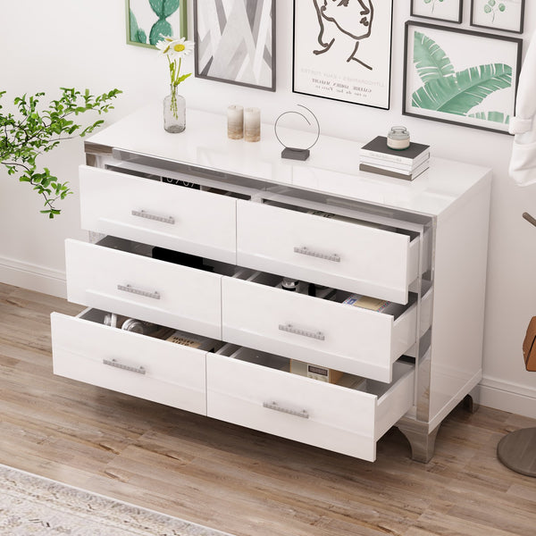 English Elm Elegant High Gloss Dresser with Metal Handles and Mirrored Panels, 6-Drawer Space-Saving Storage Solution White 55.71 L x 19.29 W x 10.63 H N733P205355K