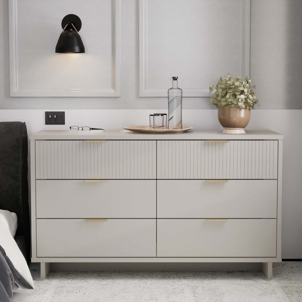 English Elm Granville 55" Modern Dresser In Light Gray With 6 Drawers, Gold Hardware & Textured Design Elegance B365S00091