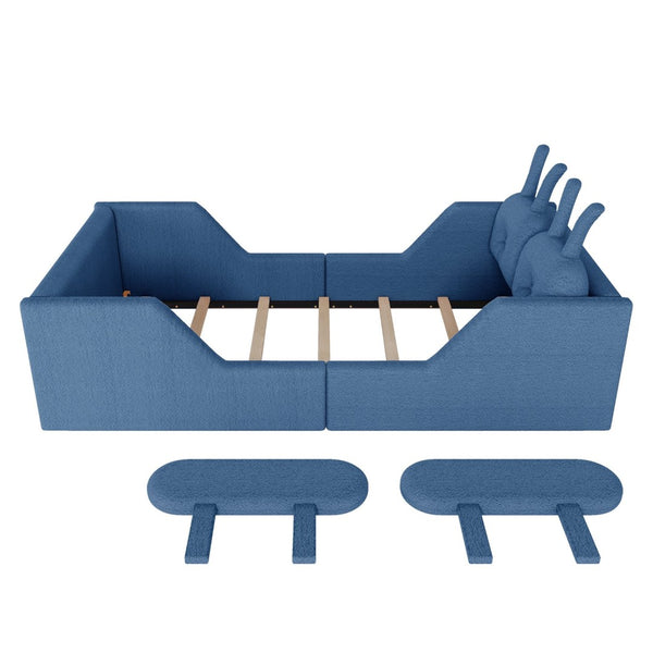 English Elm Twin Kids Platform Bed Teddy Fabric Upholstered with Bunny Cushions and Safety Rails Blue W2593P395808