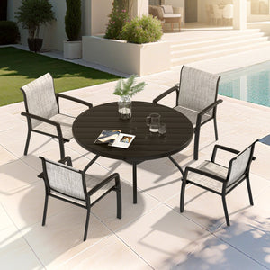 English Elm 5-Piece Patio Dining Set: Stylish Metal Table & Stackable Chairs For Elegant Outdoor Gatherings W213S00051