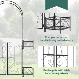 English Elm Outsunny 7' Garden Arch Arbor with Double Gate, Planters & Scrollwork Trellis for Vines, Black W2225P200806