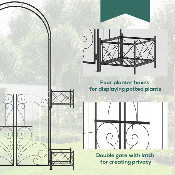 English Elm Outsunny 7' Garden Arch Arbor with Double Gate, Planters & Scrollwork Trellis for Vines, Black W2225P200806