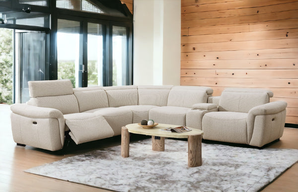 English Elm Dayana Beige Boucle Power Recliner Sectional Sofa for 5 with Dual Power Recliners, Cupholders, Storage, Adjustable Headrests, Cozy D27 Foam B2726S00119