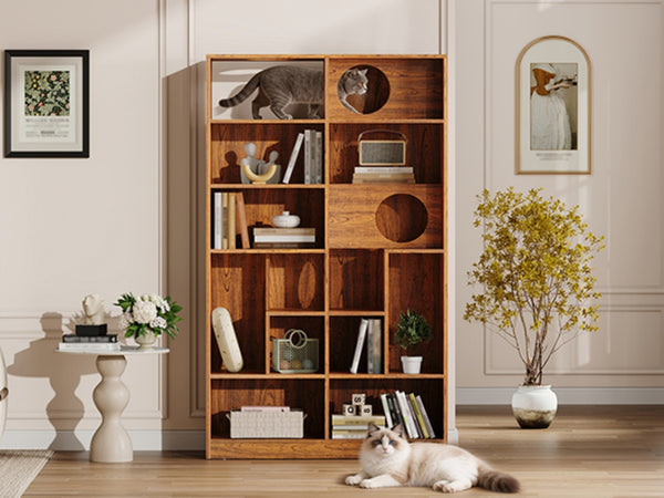 English Elm Modern Wood Grain Bookshelf Cat Habitat with Climbing Cubbies for Living Room Brown N752P395027D
