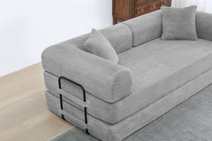 English Elm Convertible 3-Seat Sleeper Sofa Bed Corduroy Folding Floor Couch with Cylindrical Pillow, Plush Support Light Gray W3199P309003