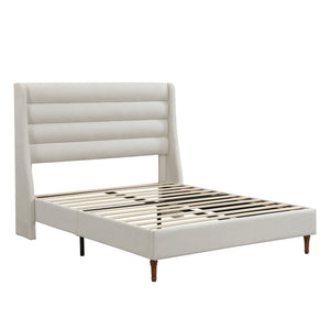 English Elm Queen Chenille Platform Bed with Wave Headboard, Noise-Free EVA Foam, Solid Wood, Ivory Finish W1716P362409