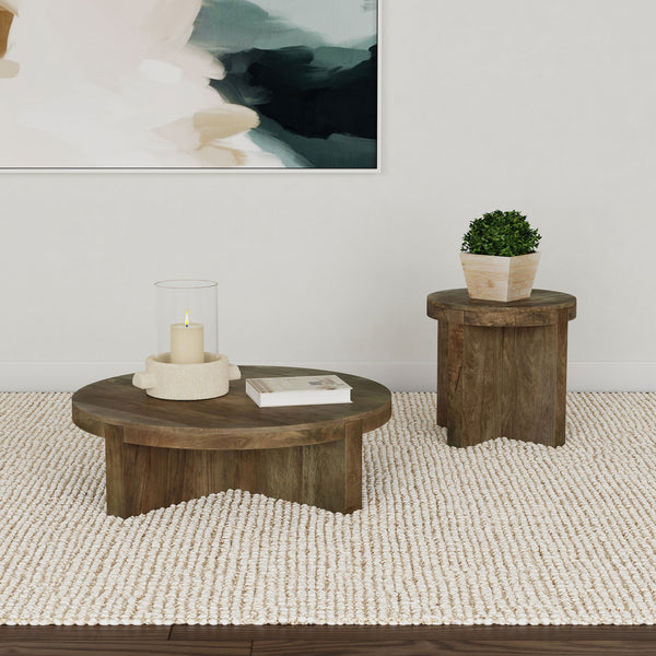 English Elm Round Solid Mango Wood Coffee Table Brown - Modern Low Round Cocktail Table with Thick Top & Intersecting Slab Legs for Stylish Living Room Centerpiece B016P379357