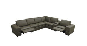 English Elm Premium Leather Match Sectional with Dual Recliners Square Arms and Console Storage Olive Green B2748S00158