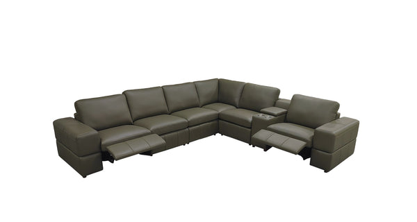 English Elm Premium Leather Match Sectional with Dual Recliners Square Arms and Console Storage Olive Green B2748S00158
