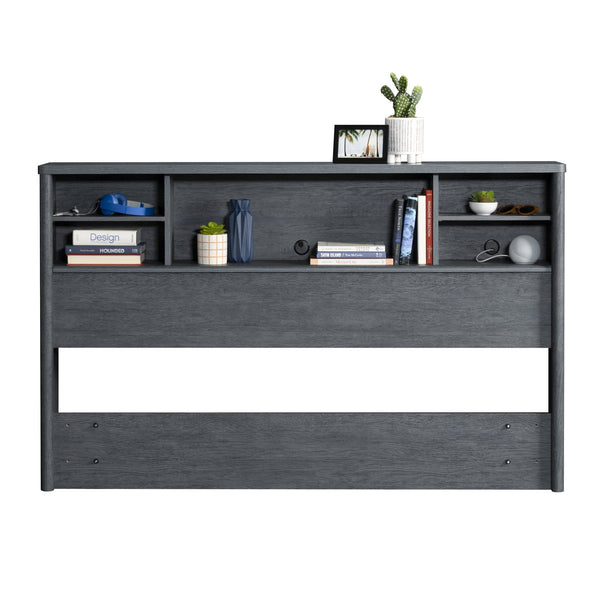 English Elm Full/Queen Denim+Brown Bookcase Headboard with Adjustable Shelves, Spacious Top Shelf, Easy Assembly B356P354479