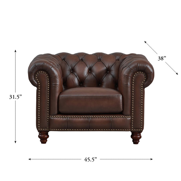 English Elm Alton Chesterfield Top Grain Leather Chair with Button-Tufted Back, Rolled Arms & Solid Wood Bun Feet B2705P211739
