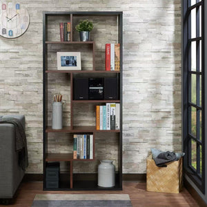 English Elm Mileta Modern Black & Walnut Bookcase – 9 Staggered Cubes, 5 Shelves, Veneer PB Frame, Versatile Display Storage B2726P395536
