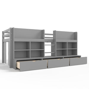 English Elm Twin Xl Low Loft Bed with Curtain Hideaway Chalkboard and Built-in Storage Shelves W1580S00400