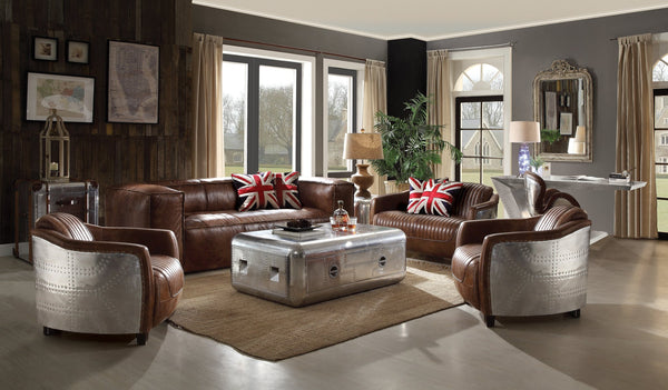 English Elm Brancaster Retro Brown Top Grain Leather Living Room Set w/ Aluminum Accents, 4-Piece, Vintage Comfort B2726S00446
