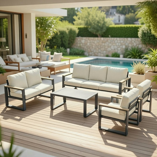 English Elm All-weather 5 Piece Aluminum Patio Conversation Set 7 Seat with Tempered Glass Table Beige+Grey B082S00115