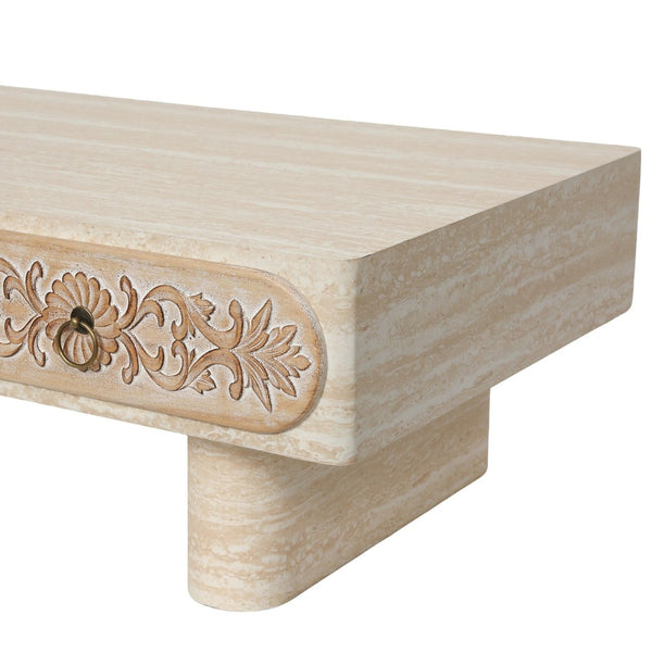 English Elm Rounded Edge Coffee Table Solid Wood Engraved Drawer Modern Living Room Storage W3040P428686