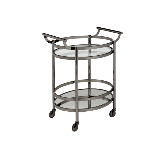 English Elm Lakelyn Oval Clear Tempered Glass Serving Cart with Black Nickel Frame, Mirror Base & Casters - Stylish Mobile Bar Cart, 25"x19" Shelves B2726P296468