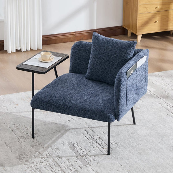 English Elm Leisure Linen Accent Chair with Built-in Side Table Pockets and Lumbar Pillow Modern Navy W395P453310