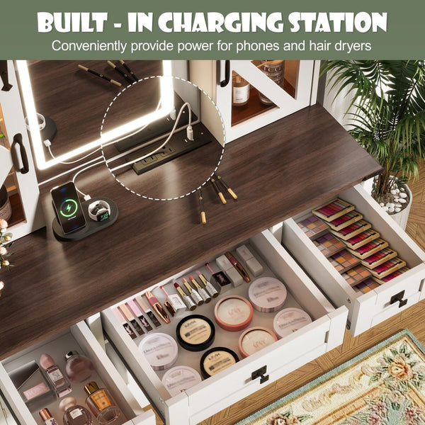 English Elm 43.3" Rustic Farmhouse Vanity Desk with Led Mirror Barn Door Stool Charging Station N704P328548A
