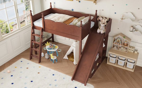 English Elm Twin Loft Bed Solid Pine Frame with Wardrobe Shelving Detachable Slide Kids Room Antique Natural W5305S00020