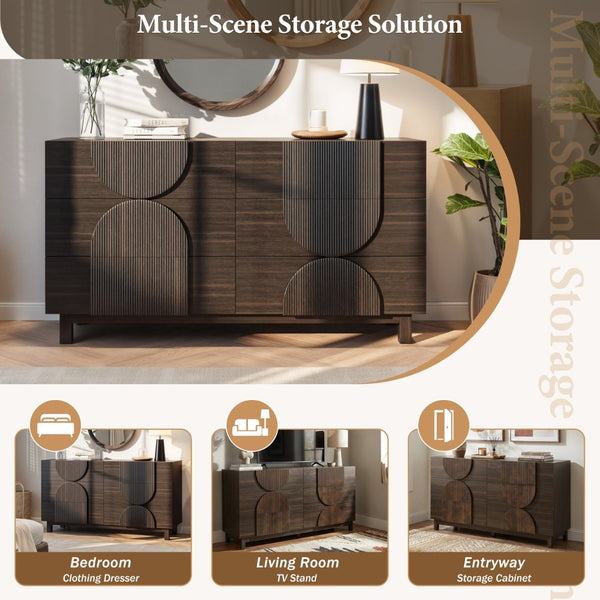English Elm Modern Fluted 6 Drawer Dresser with Solid Wood Legs Japandi Chest for Bedroom Dark Brown N739S0000013D