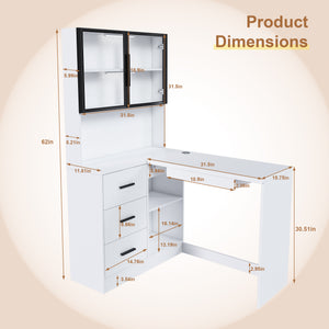 English Elm Computer Corner L-Shaped Desk with Glass Cabinets, Built-In LED, USB Ports, Keyboard Tray, Ergonomic Design White W2699P345803