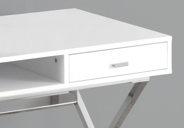 English Elm Computer Desk sleek glossy laminate top with sturdy chrome X-base, modern compact 47" work table White 53 L x 27 W x 7 H B2710P219647