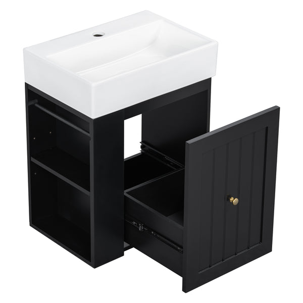 English Elm 20-Inch Compact Bathroom Vanity with Ceramic Sink, Wall-Mounted MDF Cabinet, Modern Space-Saver Design Black N725P314023B