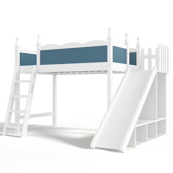 English Elm Twin Loft Bed Solid Pine Frame with Wardrobe Shelving Detachable Slide Kids Room White+Blue W5305S00019