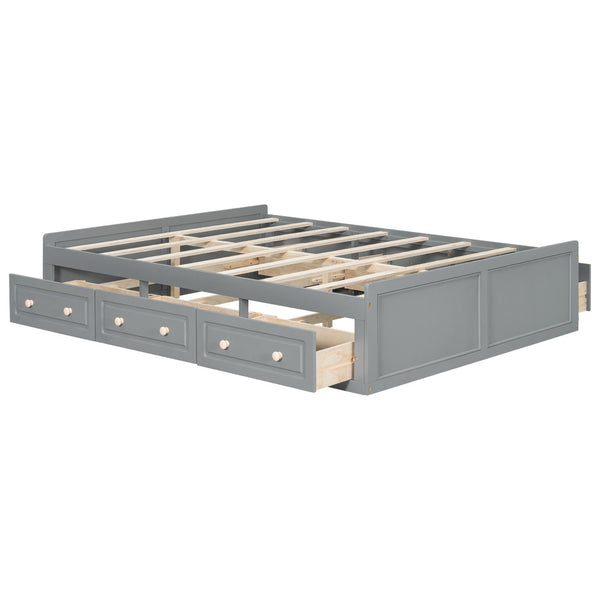 English Elm Wood Queen Platform Bed Solid Pine Frame Six Storage Drawers No Box Spring Needed Gray N709P241723E-1