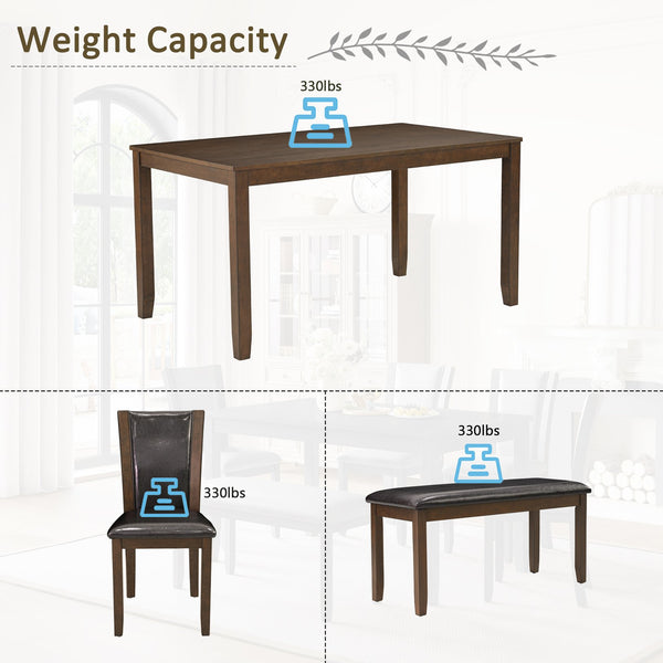English Elm 6-Piece Farmhouse Dining Table Set With Bench & Chairs, Rustic Dark Walnut Finish For 6 People W1998S00065