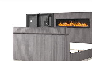 English Elm Lavish King Bed With Fireplace Headboard & Tv Stand Footboard - Modern Grey Upholstered Design B009S01926