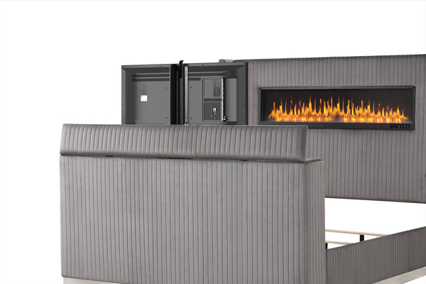 English Elm Lavish King Bed With Fireplace Headboard & Tv Stand Footboard - Modern Grey Upholstered Design B009S01926