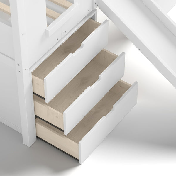 English Elm Full Size Metal Loft Bed with Stair Storage Shelves Bookshelf for Dorms Bedroom W1580S00395