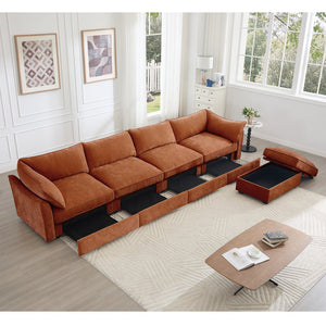 English Elm L-Shaped 4-Seater Sectional Sofa With Movable Ottoman & Storage, Soft Chenille In Chic Orange W3041S00210