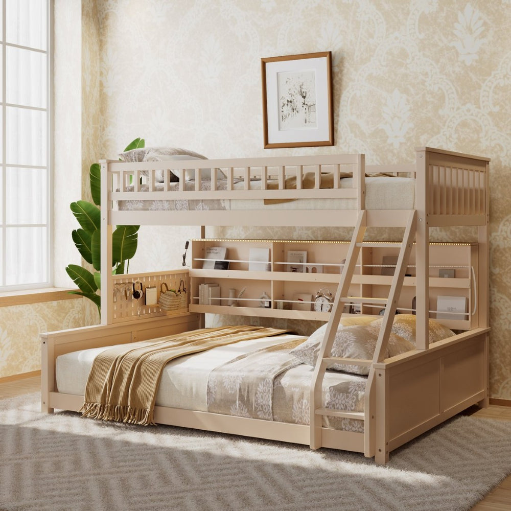 English Elm Twin Xl Over Queen Bunk Bed with Led Lighting Shelving and Pegboard Pinewood Frame Beige LT000280AAA