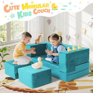English Elm 5-piece Modular Foam Play Couch Velvet Toddler Sofa Foldable Kids Playroom Set Cyan T5880P493436