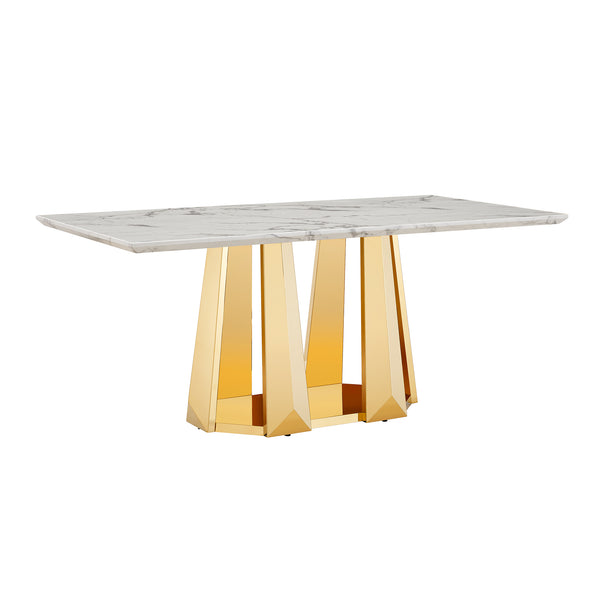 English Elm Marble Dining Table For 6-8, 70'' Rectangle Faux Marble Design With Elegant Gold Stainless Steel Base W3456S00011