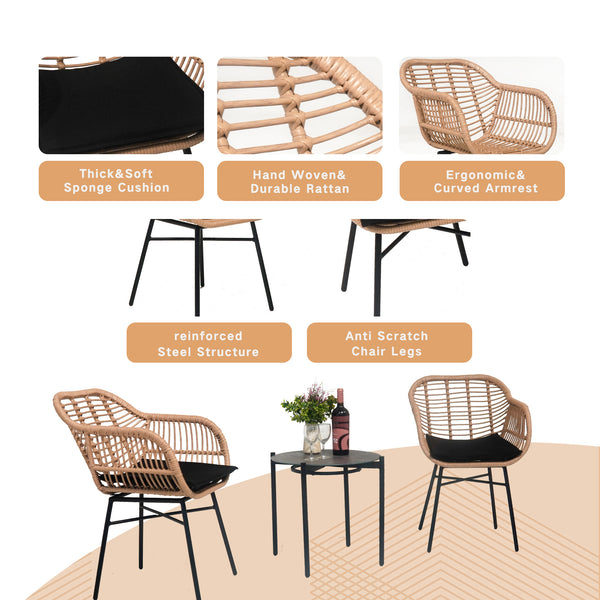 English Elm 3 Pieces Of Luxury Outdoor Wicker Furniture Set - Chic Bistro Table & Chairs For Small Spaces! W2337P180765