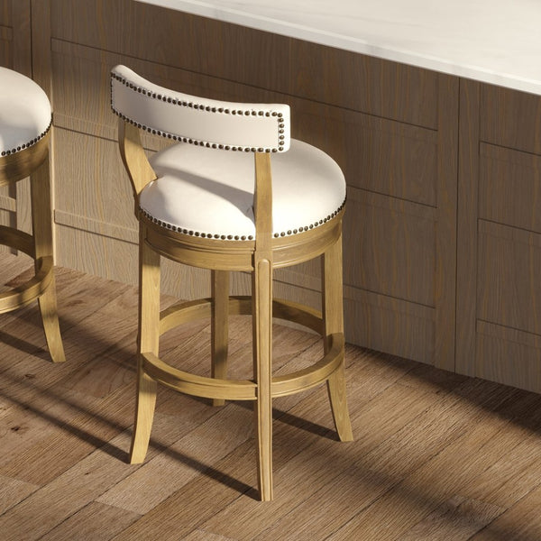 English Elm 31" Swivel Barstool Linen Upholstered Seat Nailhead Trim Warm Wood Kitchen Island Pecan B2751P436451