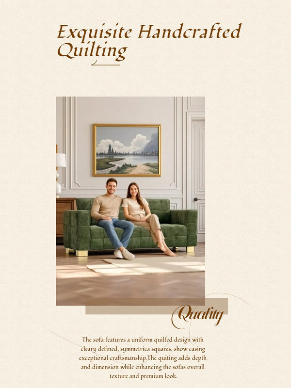 English Elm FX-P54-RB Modern Chenille 3-Seater Sofa with Wide Arms, Tufted Box Stitching & Stainless Legs for Durable Comfort Retro Green W576S00166