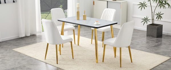 English Elm Table and Chair Set Marble Glass Top Gold Legs Pu Leather Seats Modern Dining Black,White+Gold W1151S04651