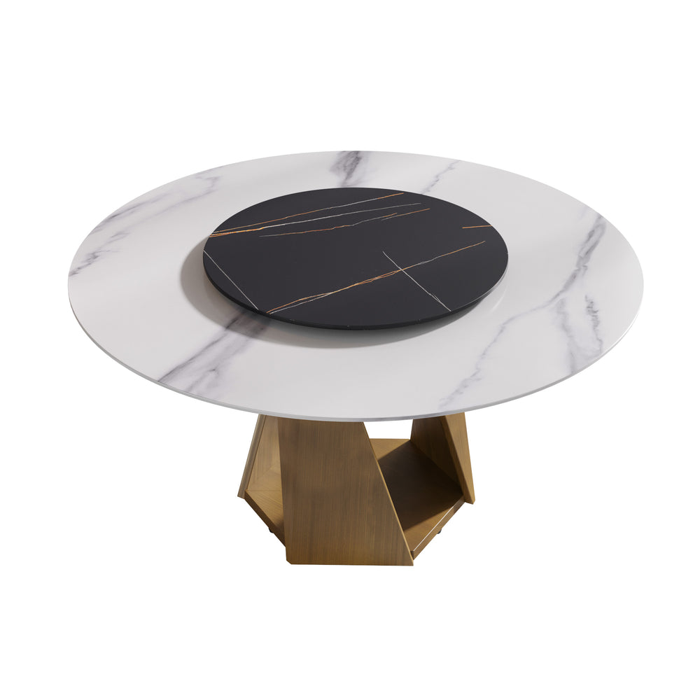 English Elm 59.05" Round Marble Dining Table With Lazy Susan - Sleek Bronze Base, Seats 6-8, Perfect For Dining! W1535S00413